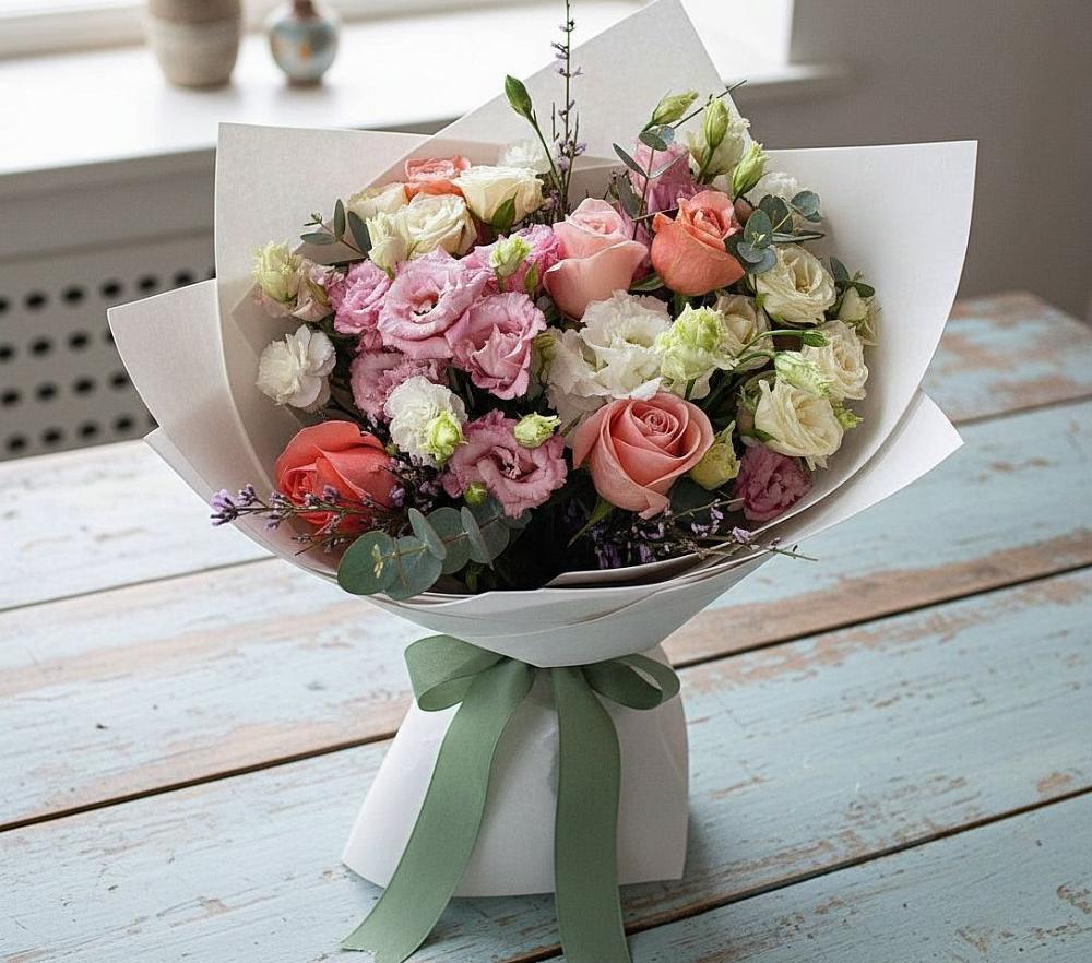 Букет цветов из: Розы, Лизиантусы и Гвоздики в Назии